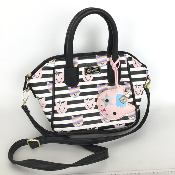 Luv Betsey Betsey Johnson Unicorn Cat Satchel Purse Bag Black White Stripe Small - Picture 1 of 13